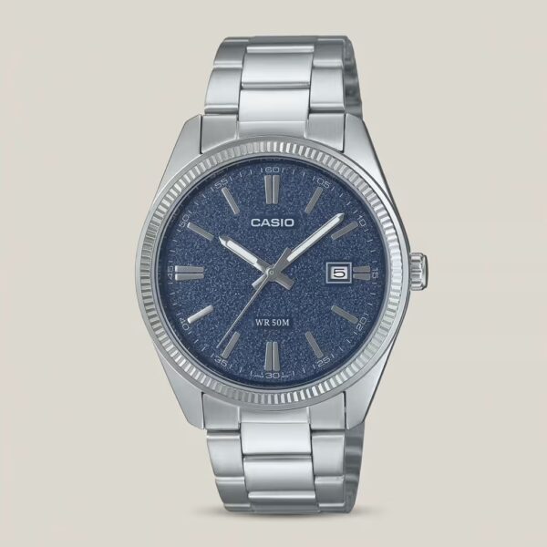 Casio MTP-1302DA-2A1V men's watch with blue textured dial, date display and stainless steel band
