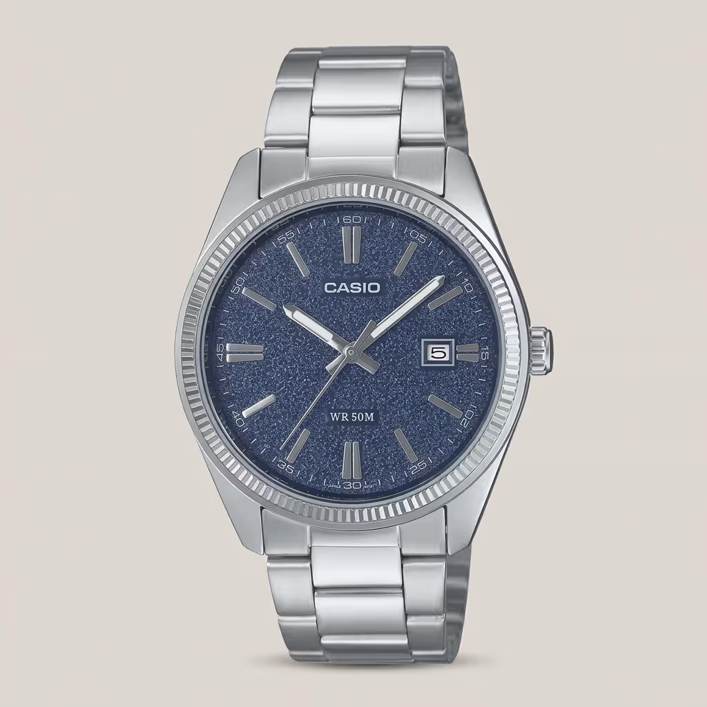 Casio MTP-1302DA-2A1V men's watch with blue textured dial, date display and stainless steel band