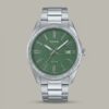 Casio MTP-1302DA-3AV men's watch with green dial, date display and stainless steel band