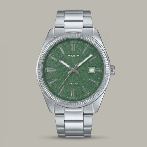 Casio MTP-1302DA-3AV men's watch with green dial, date display and stainless steel band