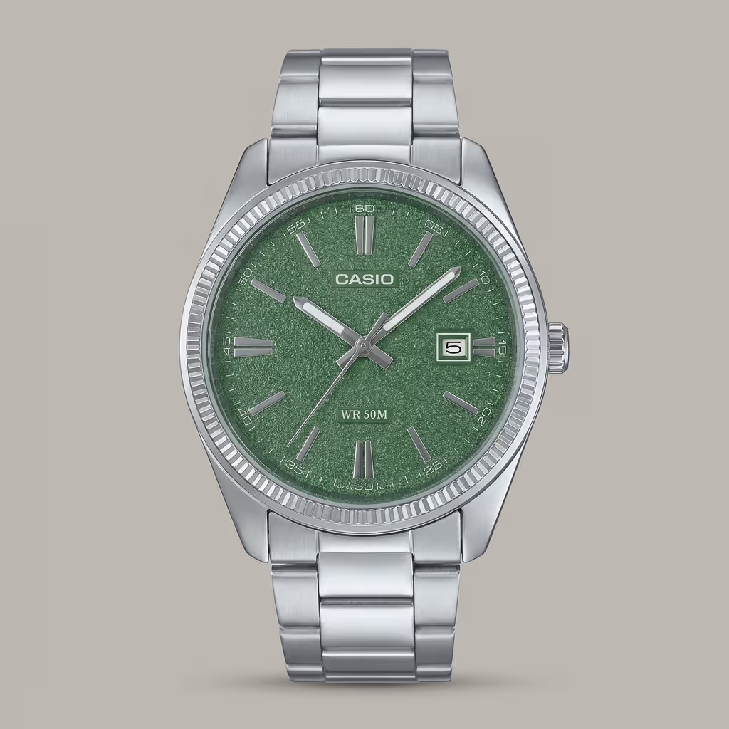 Casio MTP-1302DA-3AV men's watch with green dial, date display and stainless steel band