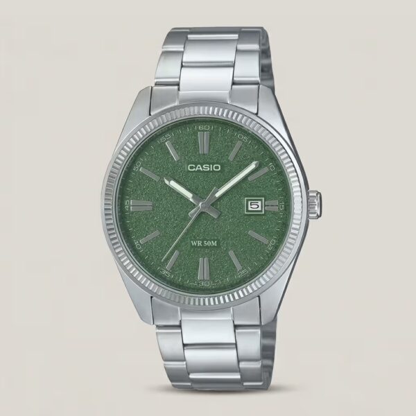 Casio MTP-1302DA-3AV men's watch with green dial, date display and stainless steel band