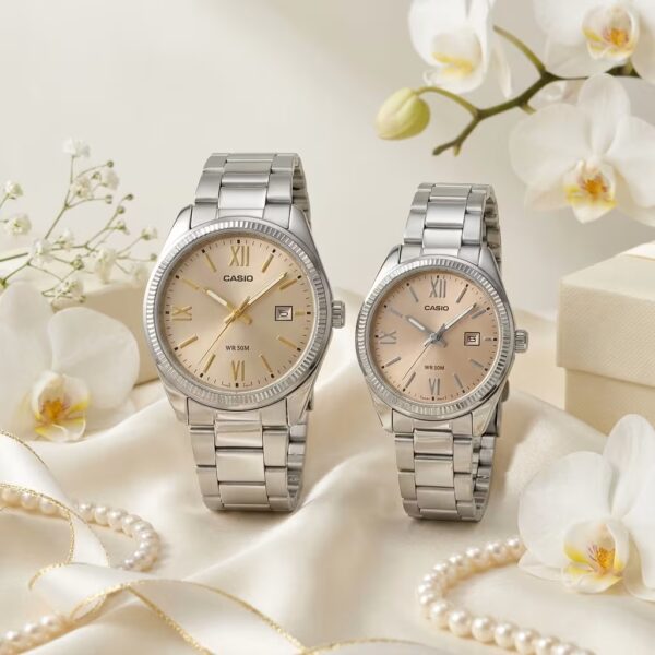 Casio MTP-1302DD-9AV and LTP-1302DD-4A2V couple watches with golden dials and silver bands