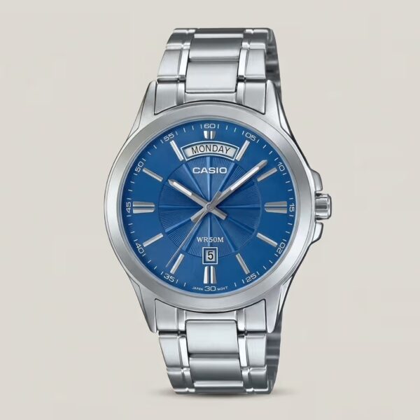 Casio MTP-1381D-2AV men's watch with blue dial, day-date display and stainless steel band