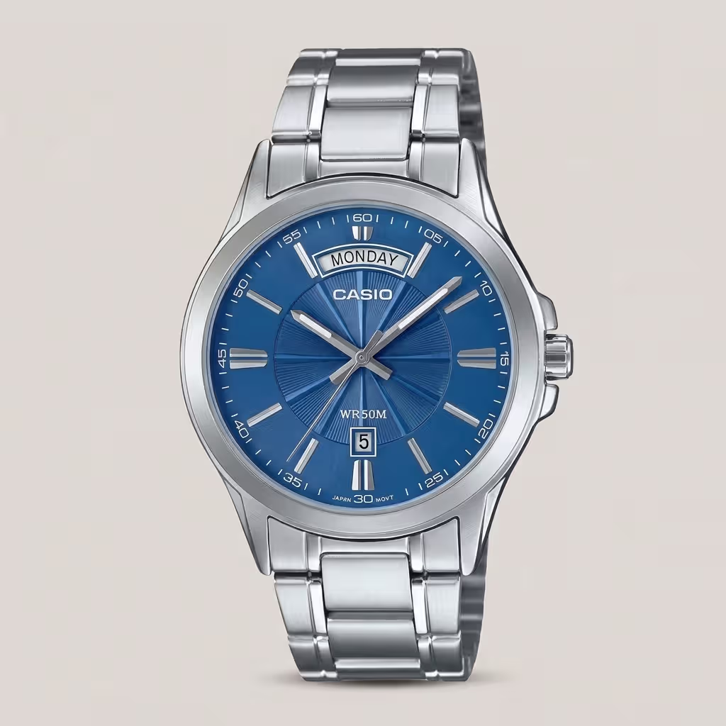 Casio MTP-1381D-2AV men's watch with blue dial, day-date display and stainless steel band