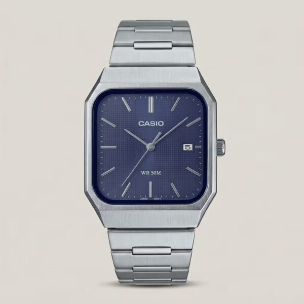 Casio MTP-B185D-2A1V men's watch with blue dial, rectangular stainless steel case, date display and stainless steel band