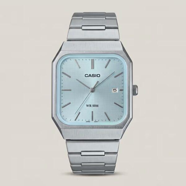 Casio MTP-B185D-2A2V men's watch with ice blue dial, rectangular stainless steel case, date display and stainless steel band