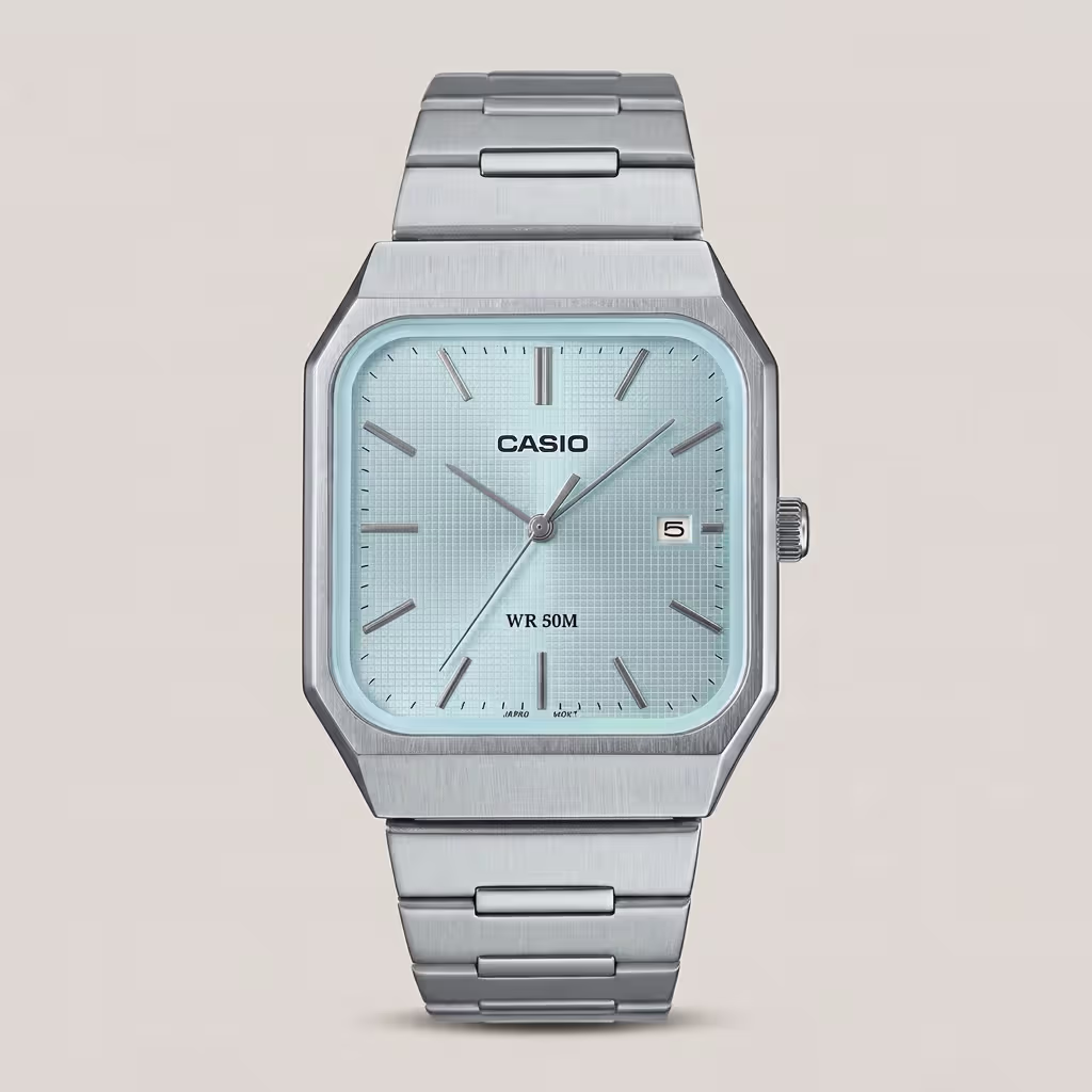 Casio MTP-B185D-2A2V men's watch with ice blue dial, rectangular stainless steel case, date display and stainless steel band
