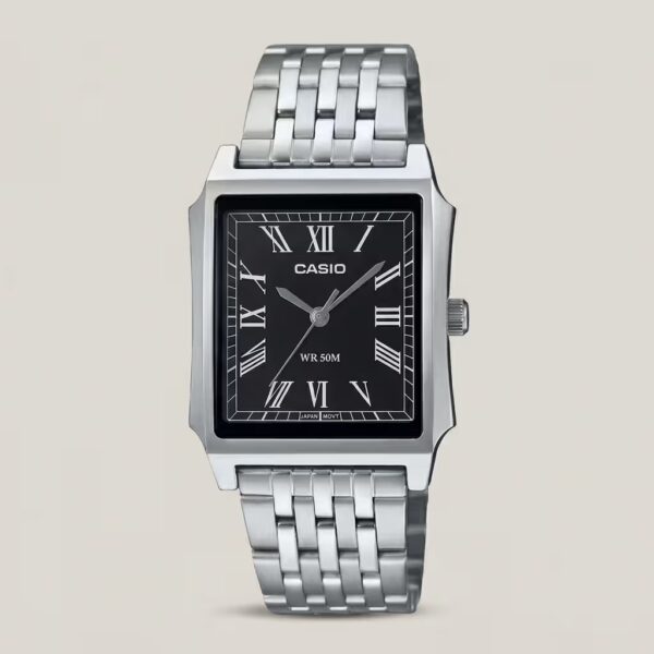 Casio MTP-B190D-1BV men's watch with black Roman numeral dial, stainless steel band and 50M water resistance