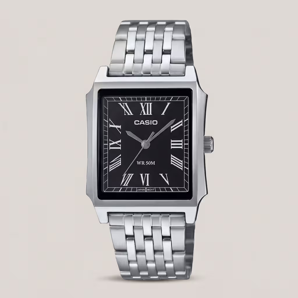 Casio MTP-B190D-1BV men's watch with black Roman numeral dial, stainless steel band and 50M water resistance