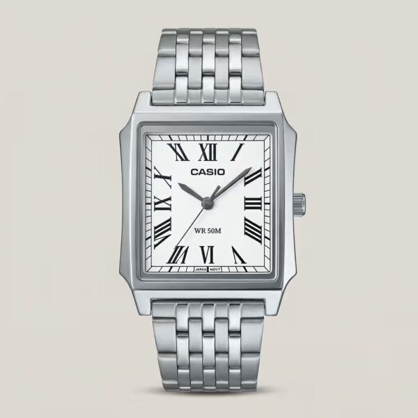 Casio MTP-B190D-7BV men's watch with white Roman numeral dial, stainless steel band and 50M water resistance