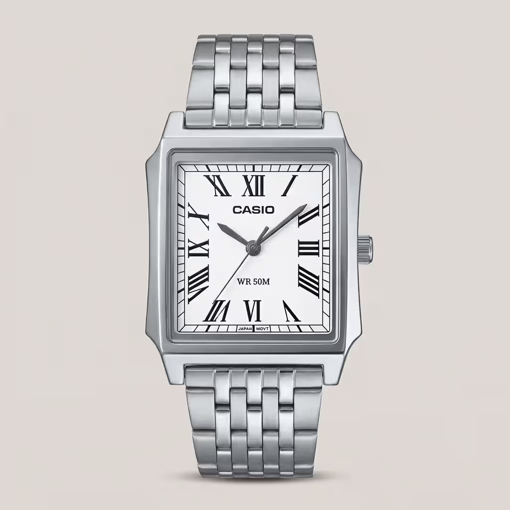 Casio MTP-B190D-7BV men's watch with white Roman numeral dial, stainless steel band and 50M water resistance