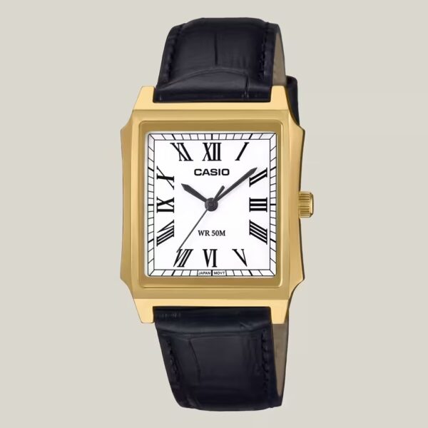 Casio MTP-B190GL-7BV men's watch with white Roman numeral dial, gold-tone case and black leather strap