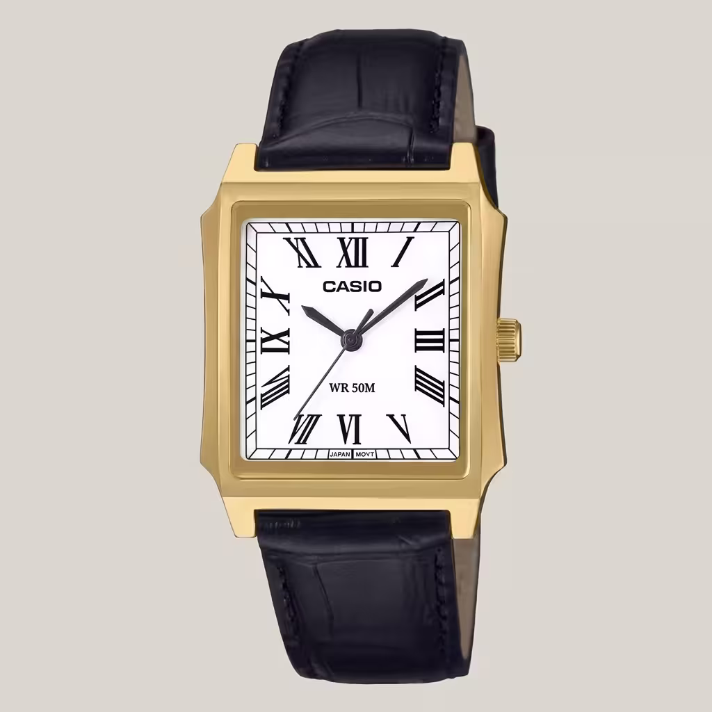 Casio MTP-B190GL-7BV men's watch with white Roman numeral dial, gold-tone case and black leather strap