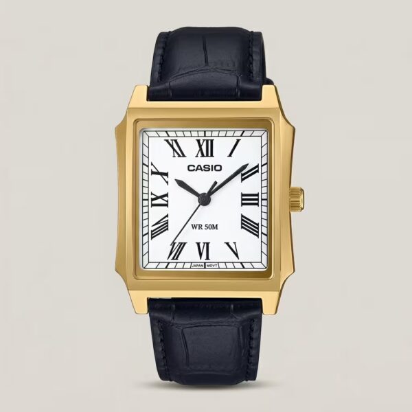 Casio MTP-B190GL-7BV men's watch with white Roman numeral dial, gold-tone case and black leather strap