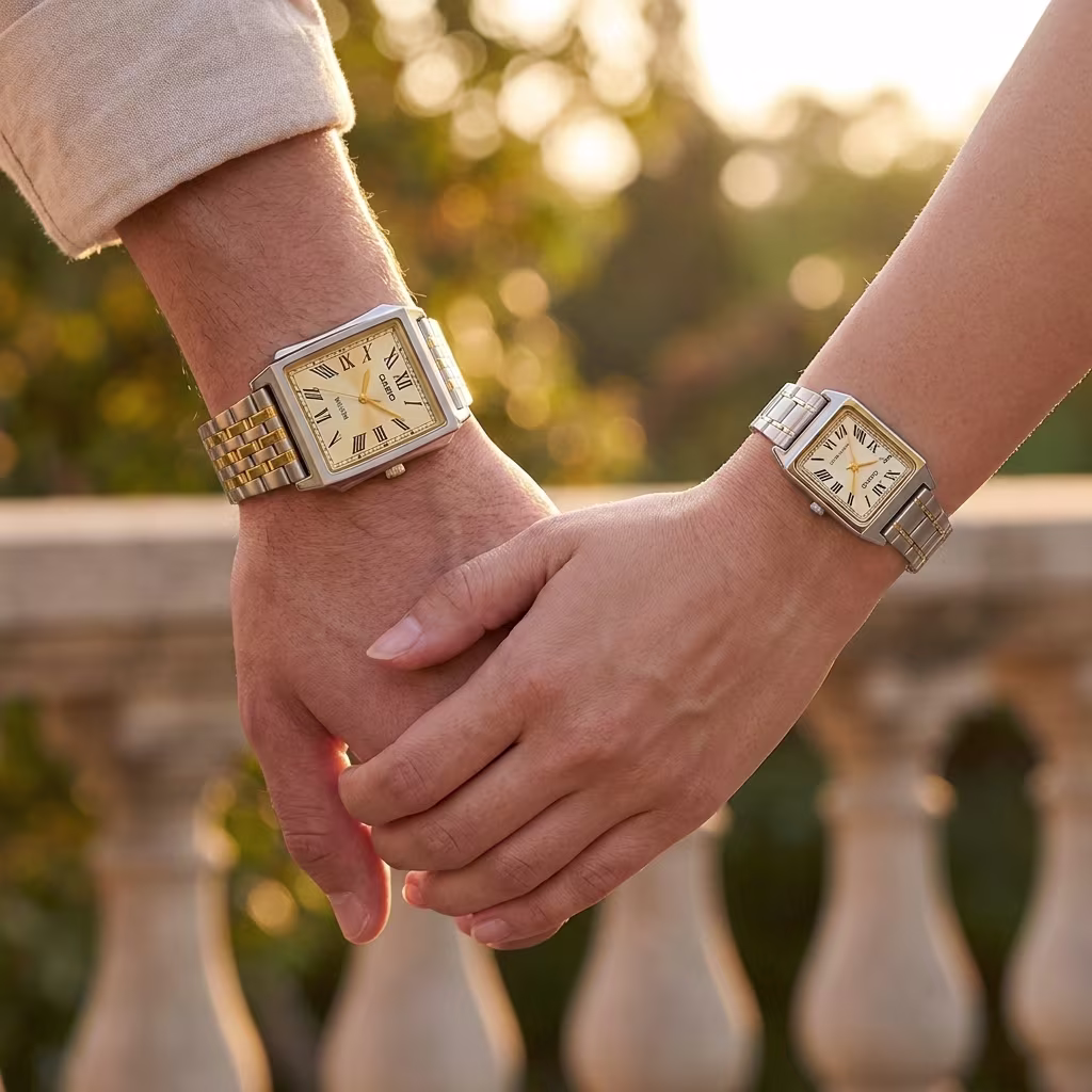 Couple wearing matching Casio rectangular gold and silver stainless-steel watches
