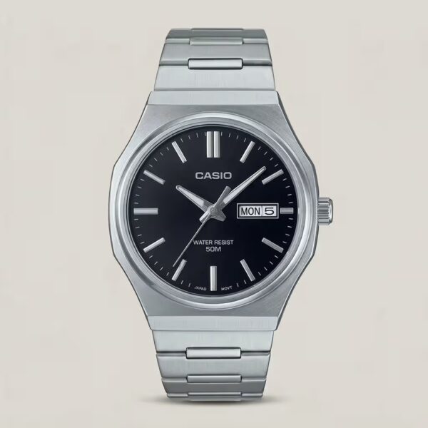 Casio MTP-E735D-1AV men's watch with black dial, day-date display, 50M water resistance and stainless steel band