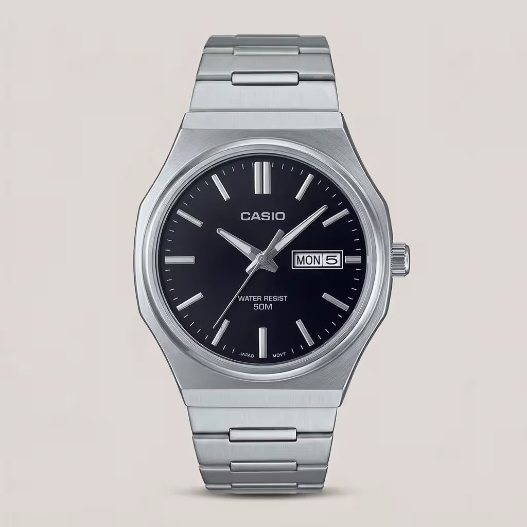 Casio MTP-E735D-1AV men's watch with black dial, day-date display, 50M water resistance and stainless steel band