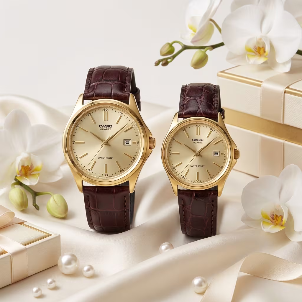 Casio MTP-1183Q-9A and LTP-1183Q-9A couple watches with gold dials and brown leather straps
