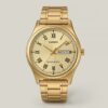 Casio MTP-V006G-9B ladies gold watch with Roman numeral dial, day-date display and stainless steel band