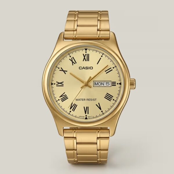Casio MTP-V006G-9B ladies gold watch with Roman numeral dial, day-date display and stainless steel band