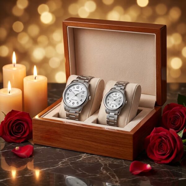 Casio white dial silver couple watch set presented as a wedding or anniversary gift