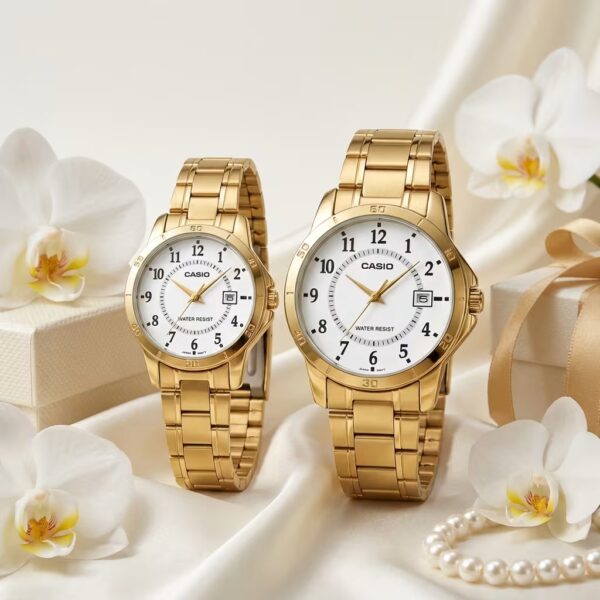 Casio couple watches with white numeric dials and golden stainless-steel bands