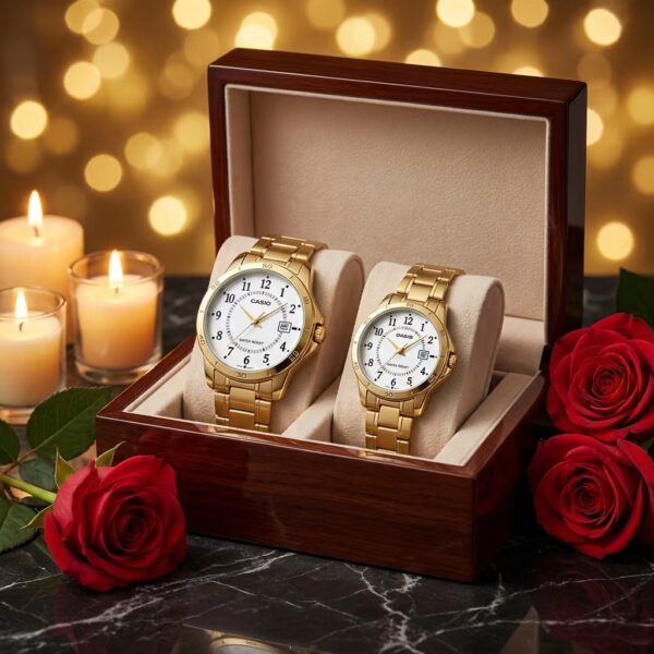 Casio White Numeric Dial Golden Couple Watches with Steel Band - Image 3