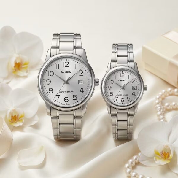 Casio couple watches with white numeric dials and silver stainless-steel bands