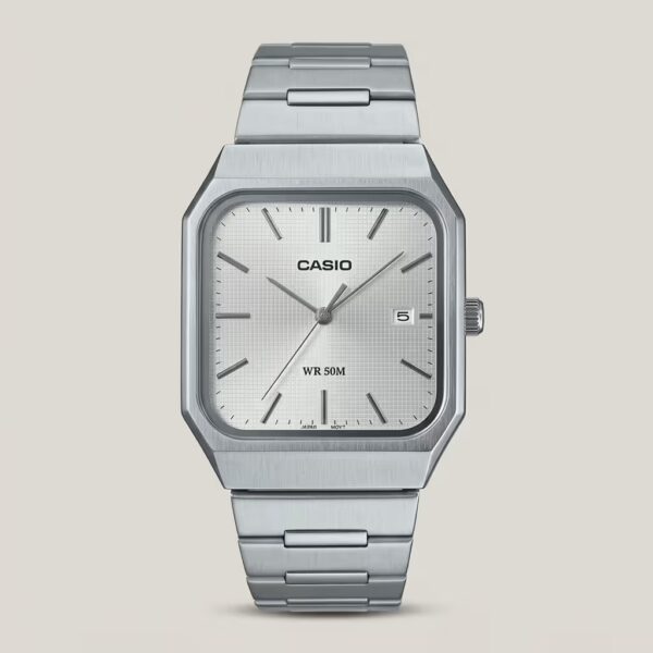 Casio MTP B185D 7AV rectangular dial silver chain and analog dial mens wrist watch