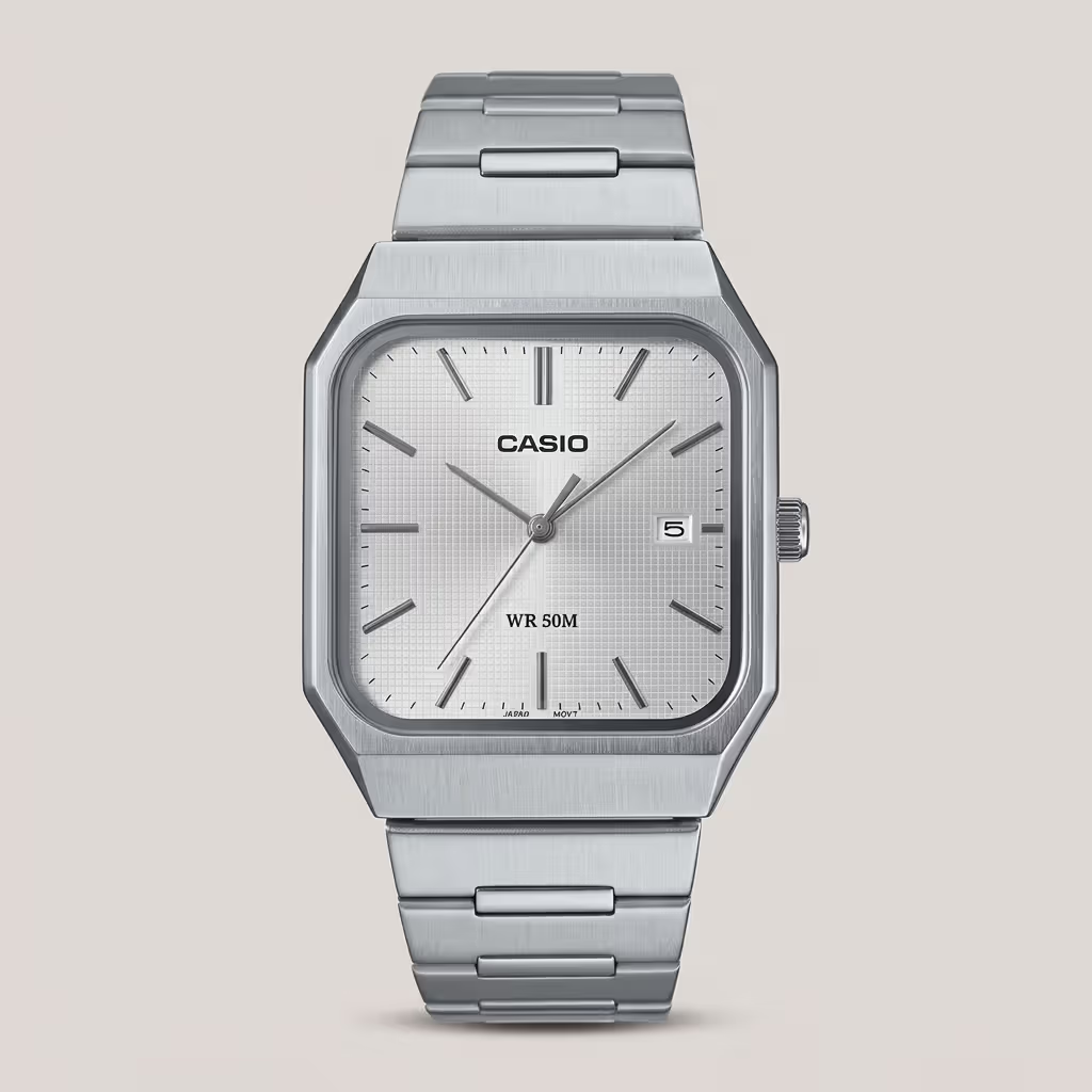 Casio MTP B185D 7AV rectangular dial silver chain and analog dial mens wrist watch