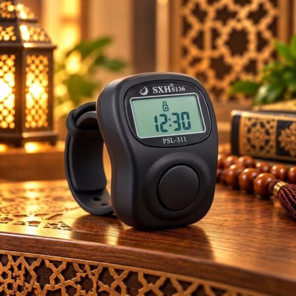 Matte black 8-channel digital Tasbeeh counter with LCD clock, large counting button and finger strap.
