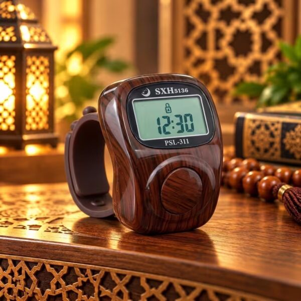 Dark brown wood-grain digital Tasbeeh counter with 8 Dhikr channels, LCD clock and finger-worn design.
