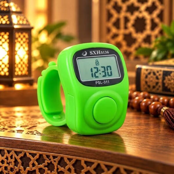 Bright green 8-channel digital Zikr counter featuring LCD display, clock, reminder function and finger strap.