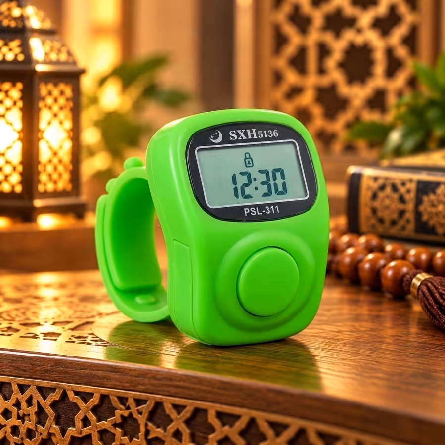 Bright green 8-channel digital Zikr counter featuring LCD display, clock, reminder function and finger strap.