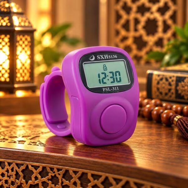 Purple digital Tasbeeh counter with eight separate counting channels, adjustable clock and LCD screen.