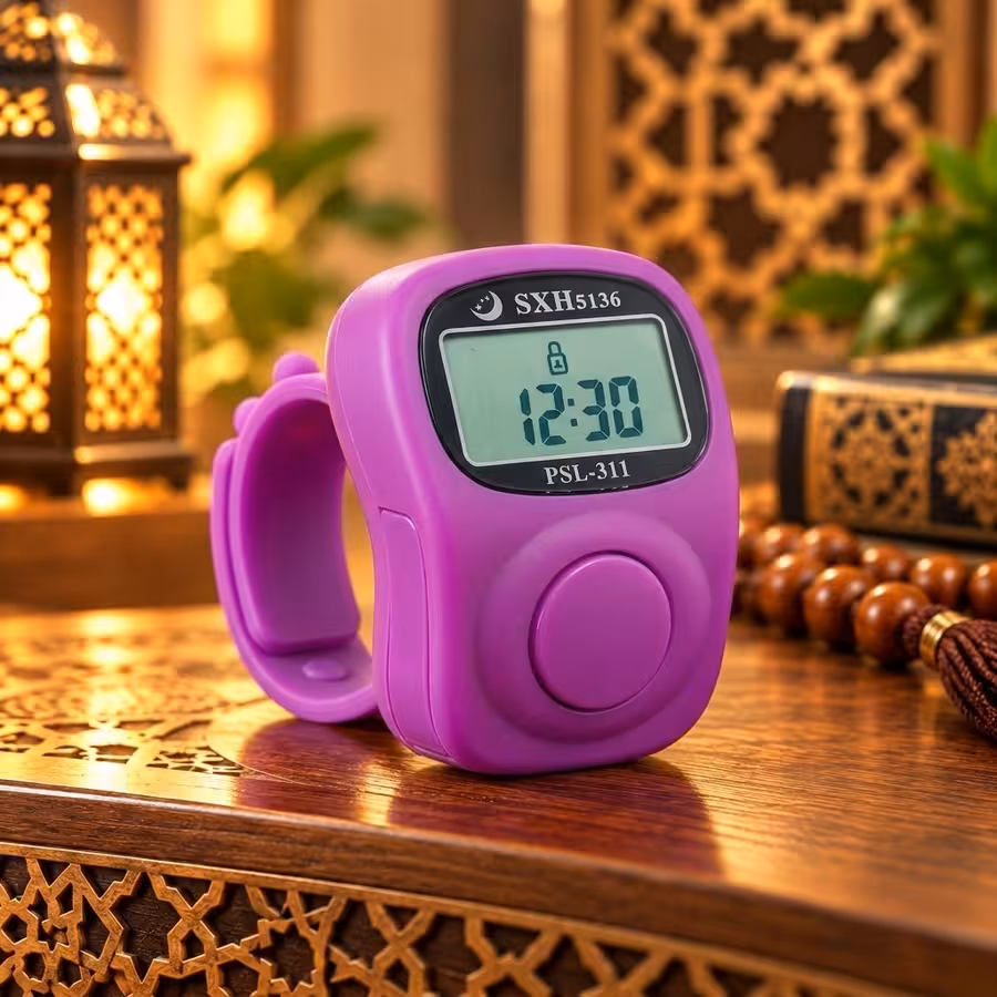 Purple digital Tasbeeh counter with eight separate counting channels, adjustable clock and LCD screen.