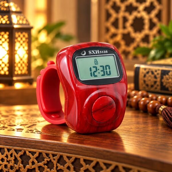Red wood-grain 8-channel digital Tasbeeh counter with built-in clock, LCD display and adjustable finger strap.