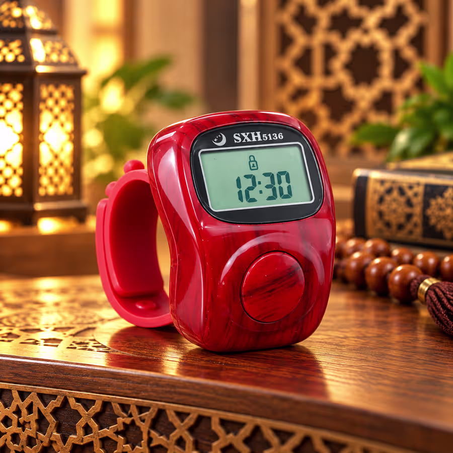 Red wood-grain 8-channel digital Tasbeeh counter with built-in clock, LCD display and adjustable finger strap.