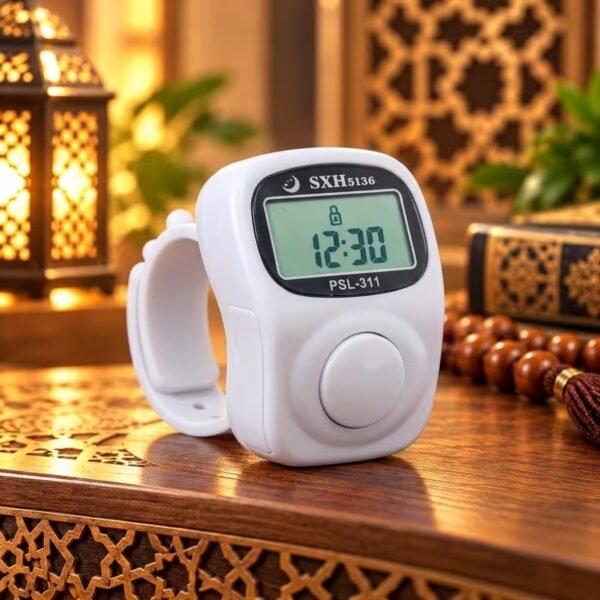 White 8-channel electronic Tasbeeh counter with LCD clock, counting reminders and comfortable finger-worn design.