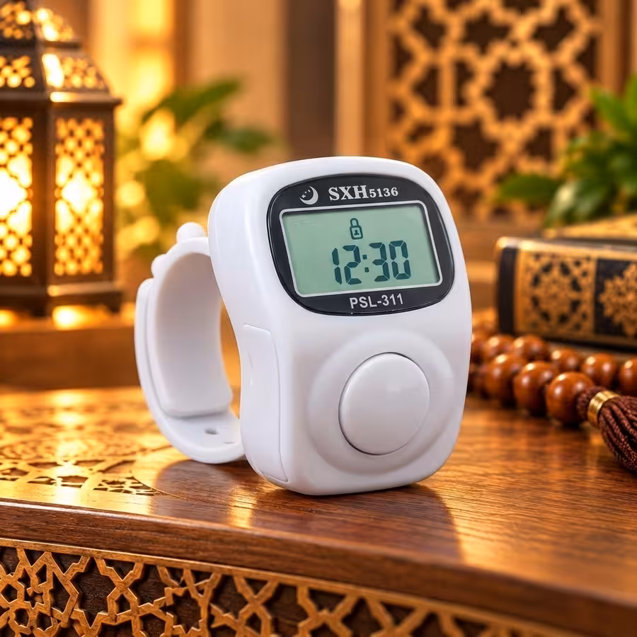 White 8-channel electronic Tasbeeh counter with LCD clock, counting reminders and comfortable finger-worn design.