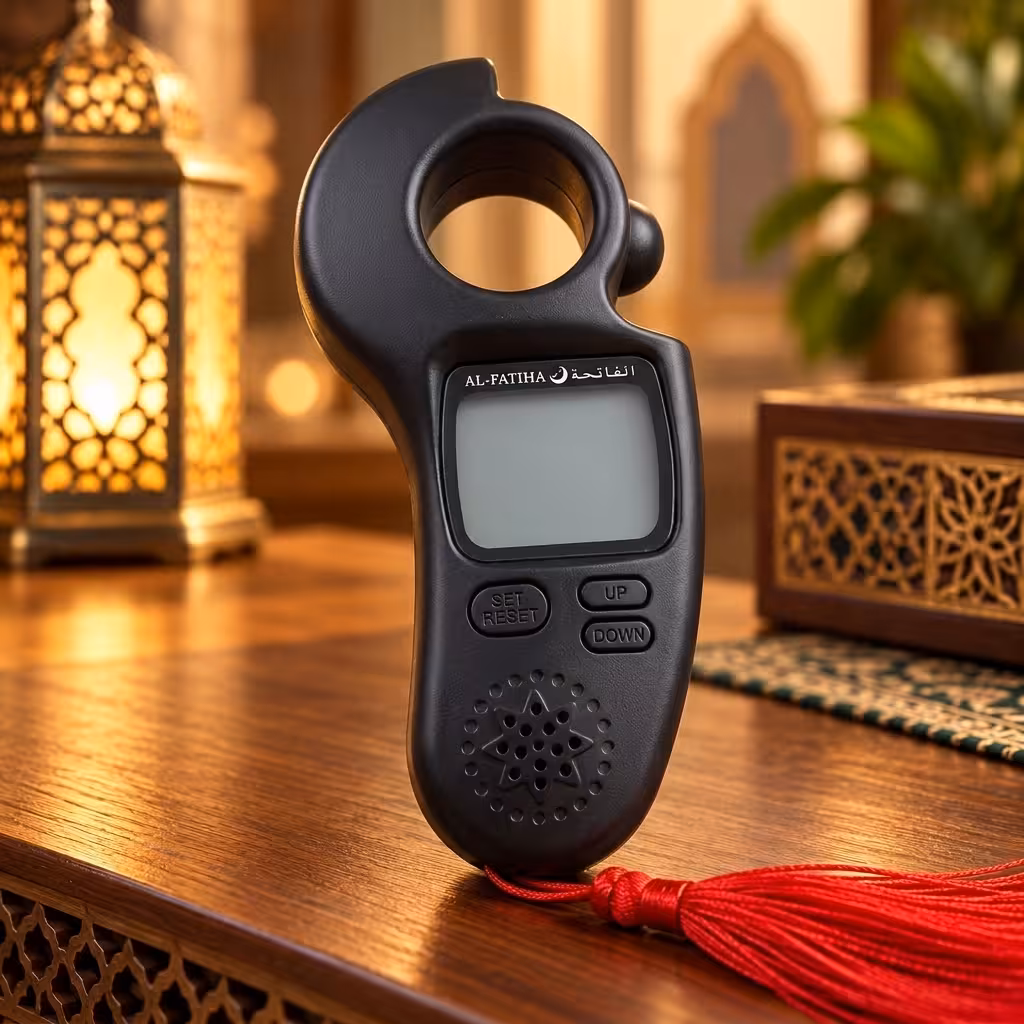 Al-Fatiha digital Tasbeeh counter in matte black with Azan reminder, LCD display, clock and red tassel.