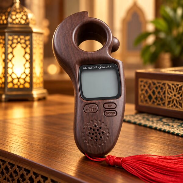 Al-Fatiha Azan and Tasbeeh counter in brown wood-grain finish with prayer time display, digital clock and red tassel.