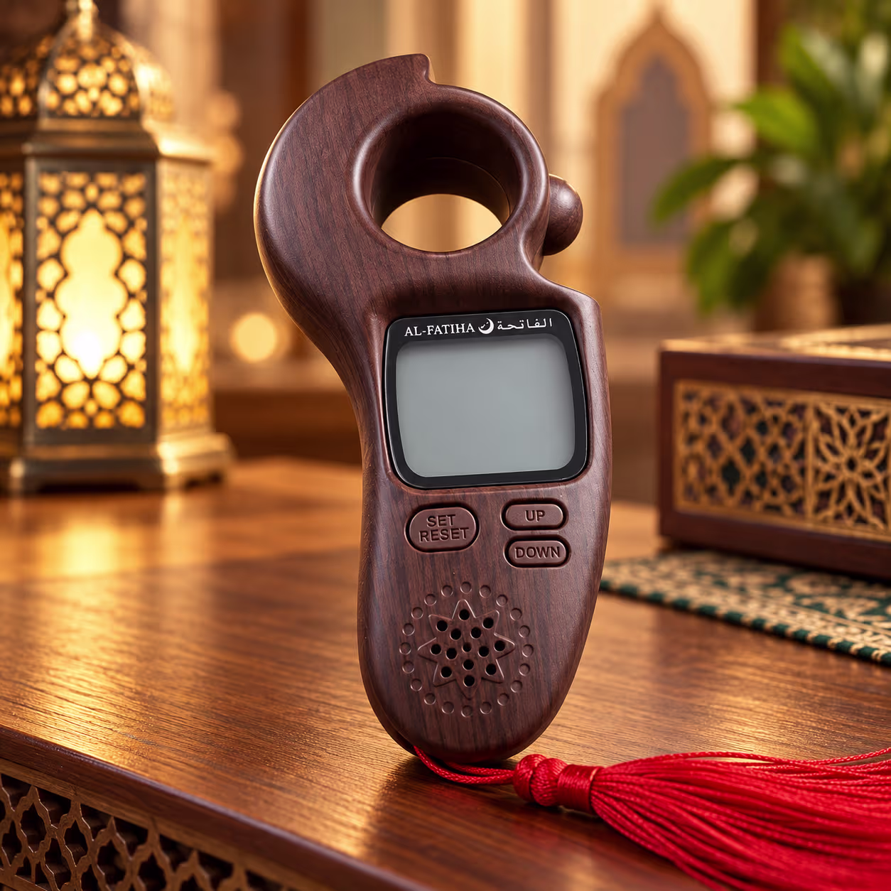 Al-Fatiha Azan and Tasbeeh counter in brown wood-grain finish with prayer time display, digital clock and red tassel.