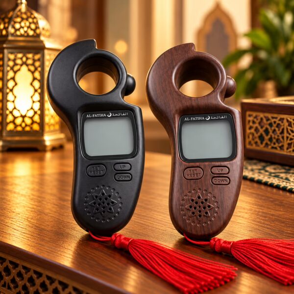 Al-Fatiha digital Azan and Tasbeeh counter available in black and brown wood-grain with LCD display, prayer reminders and finger grip.