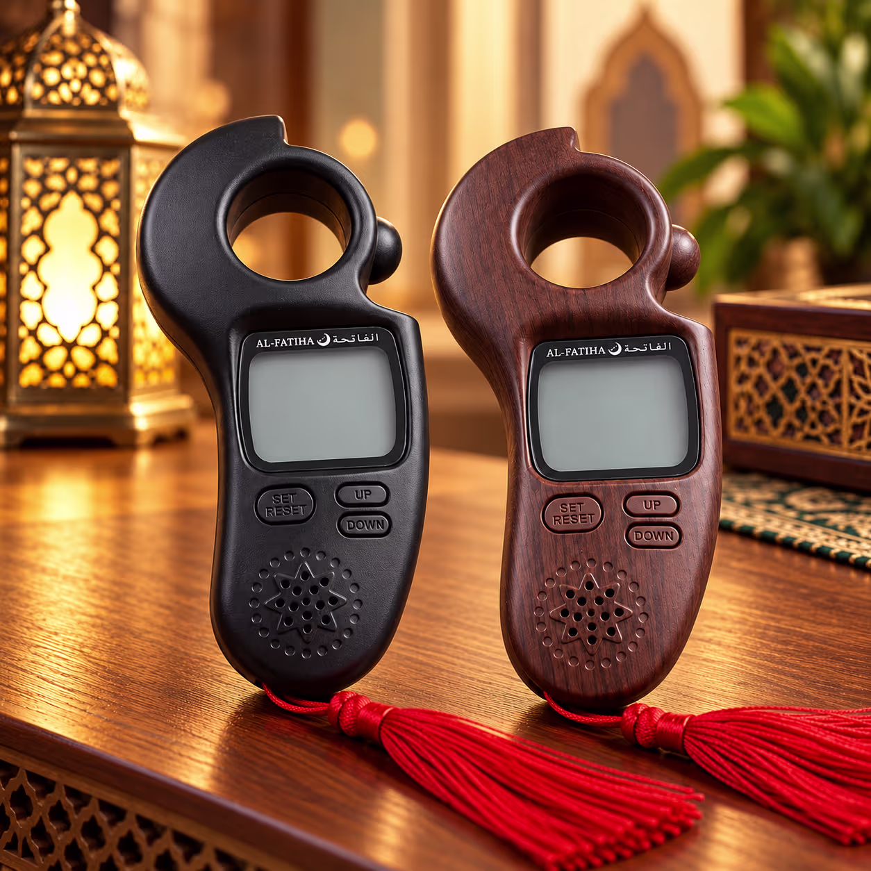 Al-Fatiha digital Azan and Tasbeeh counter available in black and brown wood-grain with LCD display, prayer reminders and finger grip.
