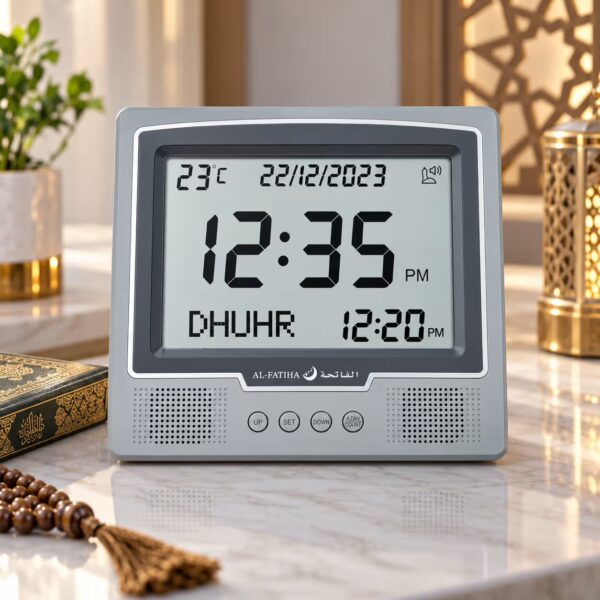 Al-Fatiha Digital Azan Clock Grey with LCD Prayer Time Display