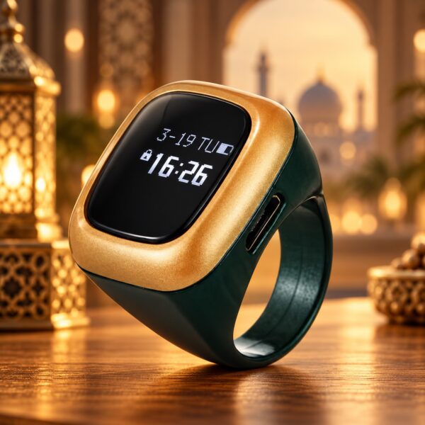Al-Fatiha Smart Zikr Ring in green and gold with OLED clock display, digital Tasbeeh counter and vibration reminders.