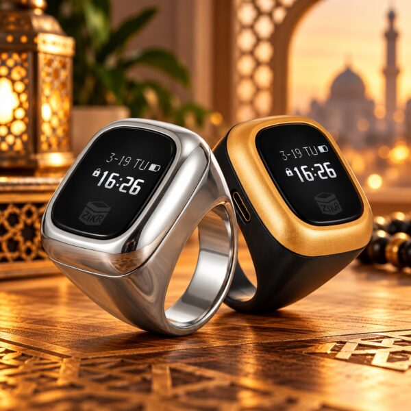 Al-Fatiha Smart Zikr Ring in green and gold and metallic silver finishes featuring OLED display, digital clock and multi-channel Tasbeeh counting.