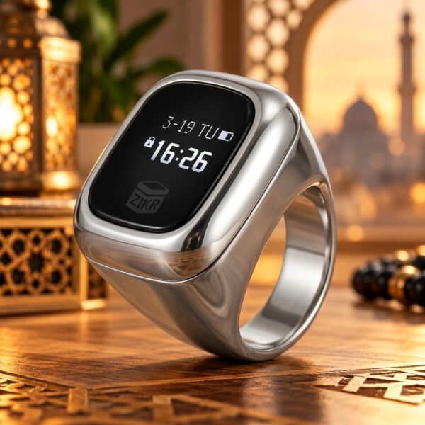 Al-Fatiha Smart Zikr Ring in polished metallic silver with OLED digital clock, rechargeable battery and electronic Dhikr counter.